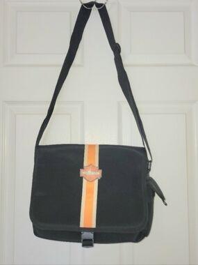 Vtg Harley-Davidson Rare Black Messenger Bag with Orange Stripe and Logo